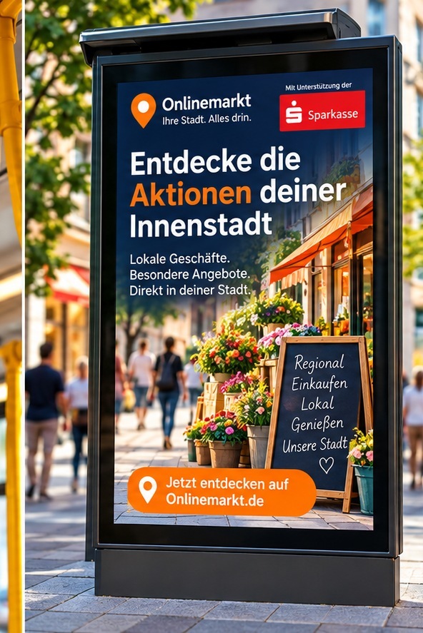 Digitale Außenwerbung für lokale inhabergeführte Geschäfte in einer Einkaufsstraße